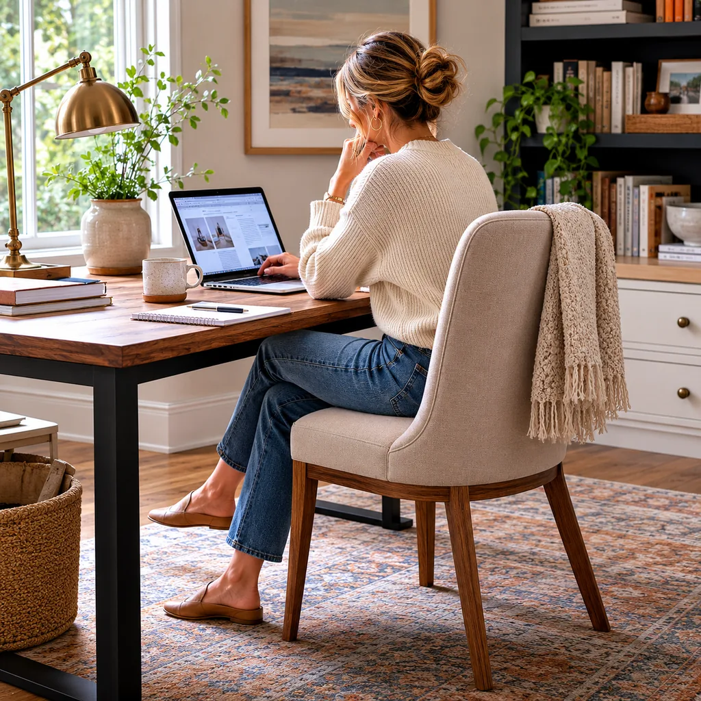 Realistic editorial photo of an American home office showing using a dining chair as a work chair