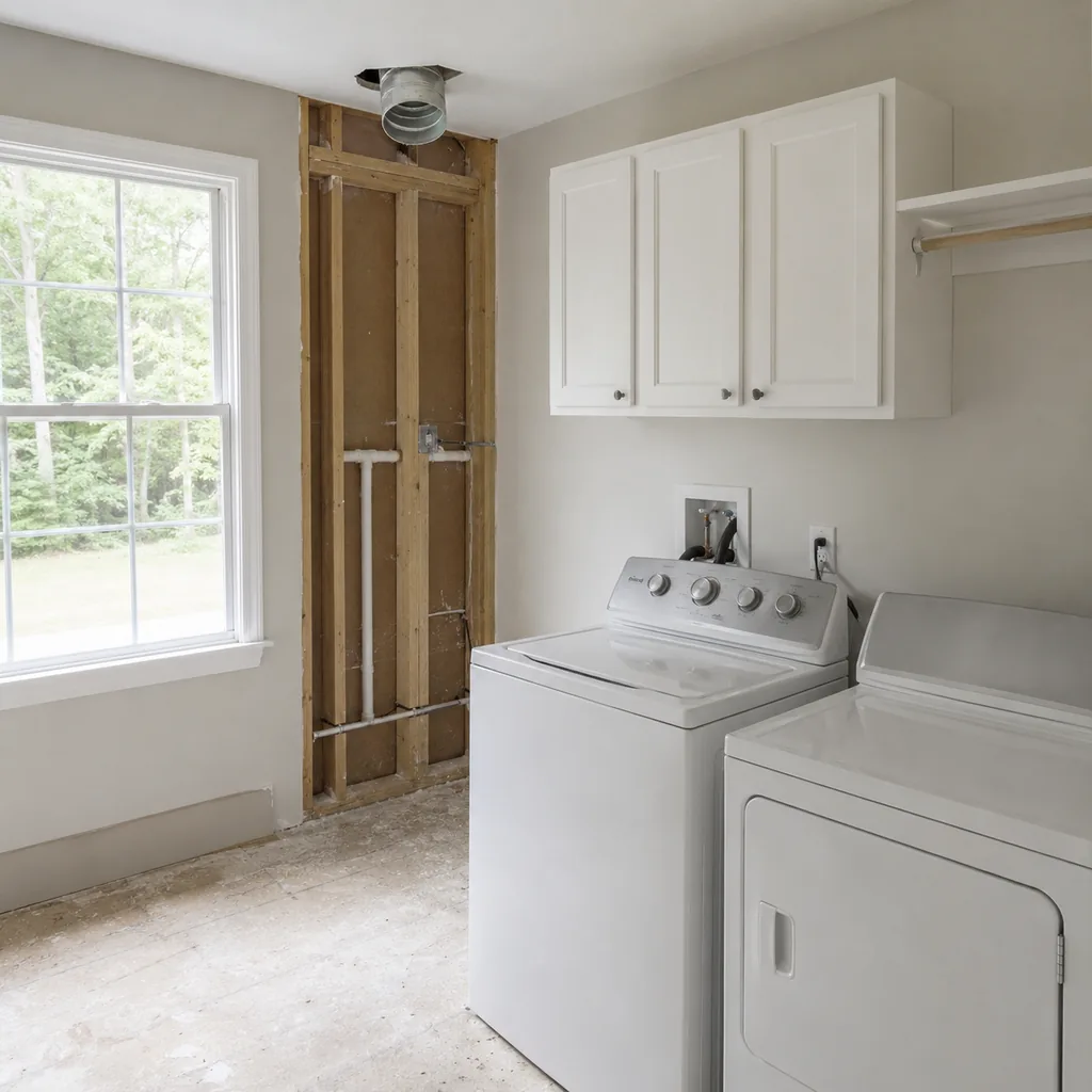 Realistic editorial photo of an American laundry room showing forgetting dryer vent route