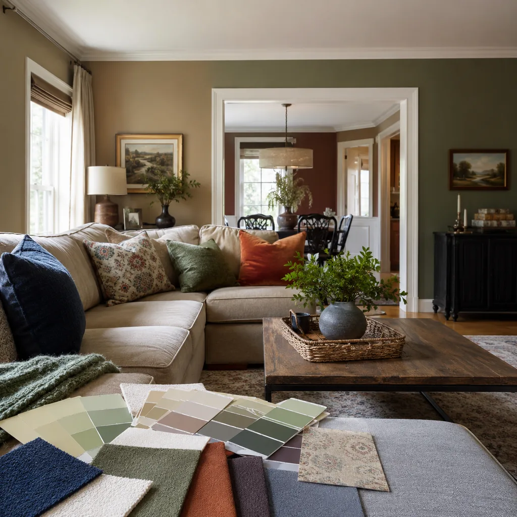 Realistic editorial photo of an American living room with paint swatches, sofa fabric, wall colors, and natural light showing too many undertones in one room