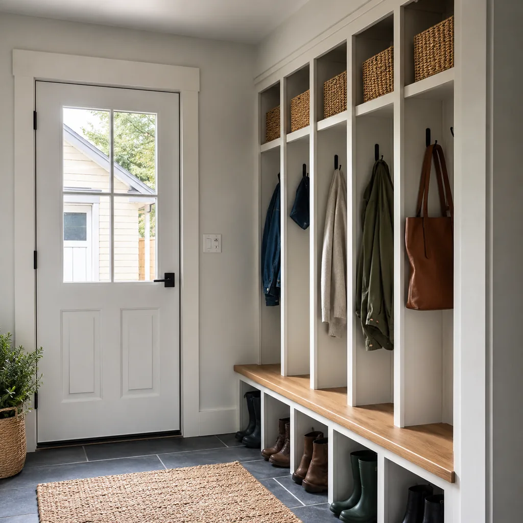Realistic editorial photo of an American mudroom showing making cubbies narrow