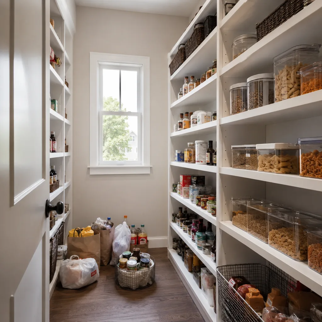 Realistic editorial photo of an American walk-in pantry showing forgetting a landing counter