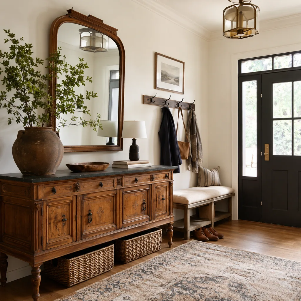 Realistic editorial photo of an entryway with console table, mirror, bench, hooks, rug, lighting, and storage showing secondhand piece used as the anchor