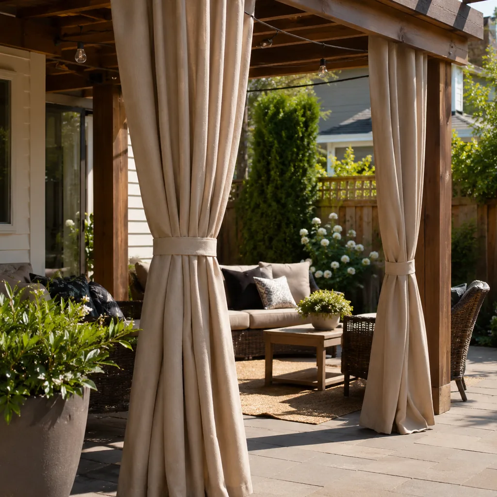 Realistic editorial photo of an outdoor patio with pergola curtains, seating, plants, fabric panels, and sunlight showing tiebacks placed at the wrong height