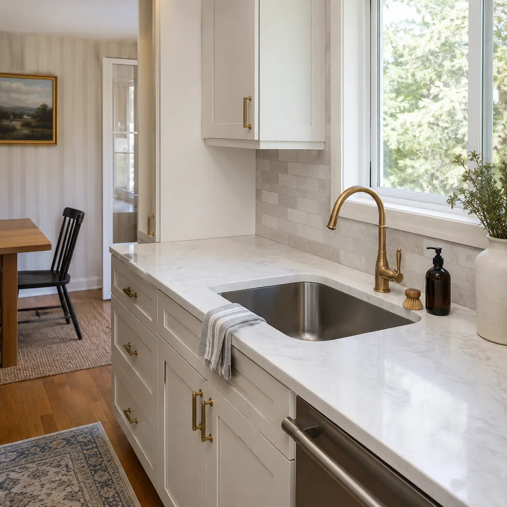 Realistic editorial photo of an updated kitchen with new counters, cabinets, backsplash, sink, hardware, and lingering dated details showing faucet finish that 