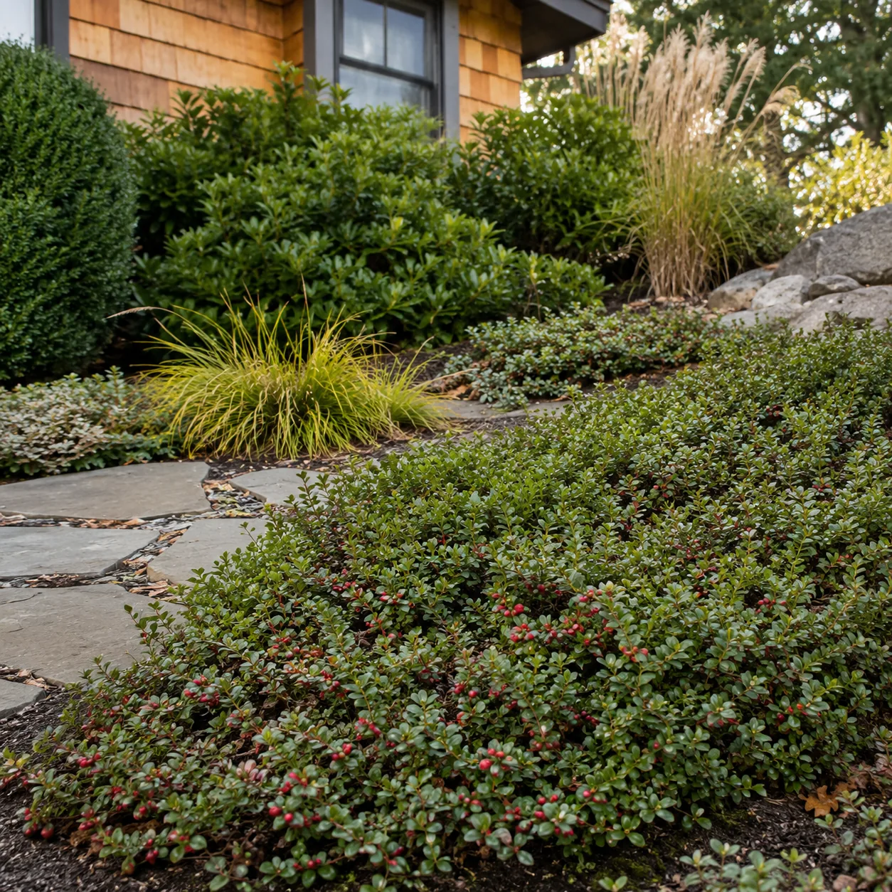 Realistic editorial photo of Bearberry growing in sloped front yard planted with controlled ground covers, realistic edi