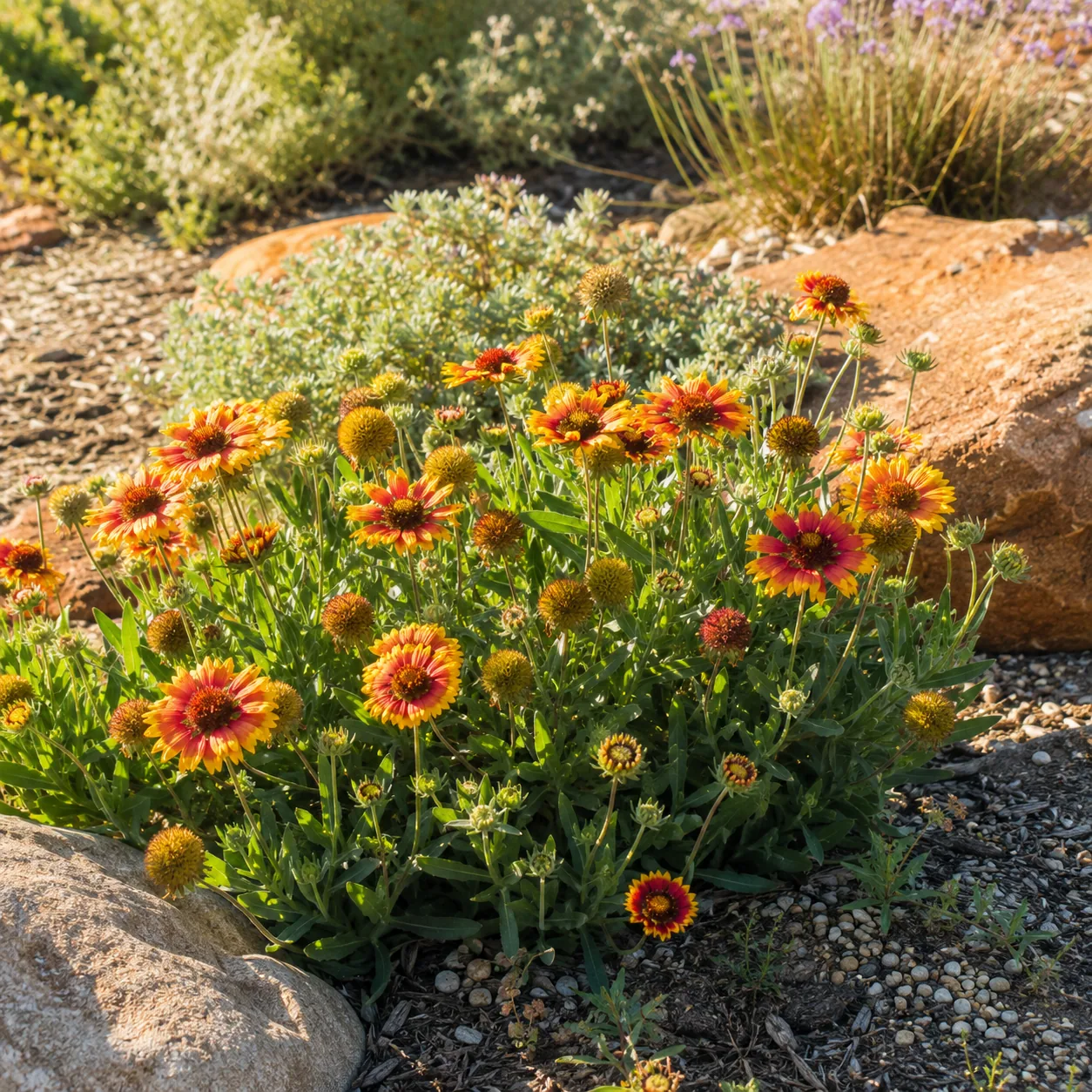 Realistic editorial photo of Blanket flower growing in sunny drought tolerant flower bed in summer heat, realistic edito
