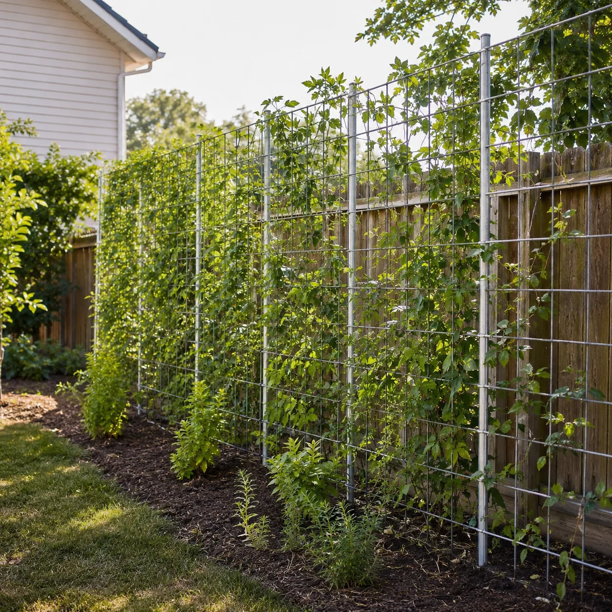 Realistic editorial photo of cattle panel trellis in an ordinary backyard needing privacy, realistic editorial photo, na