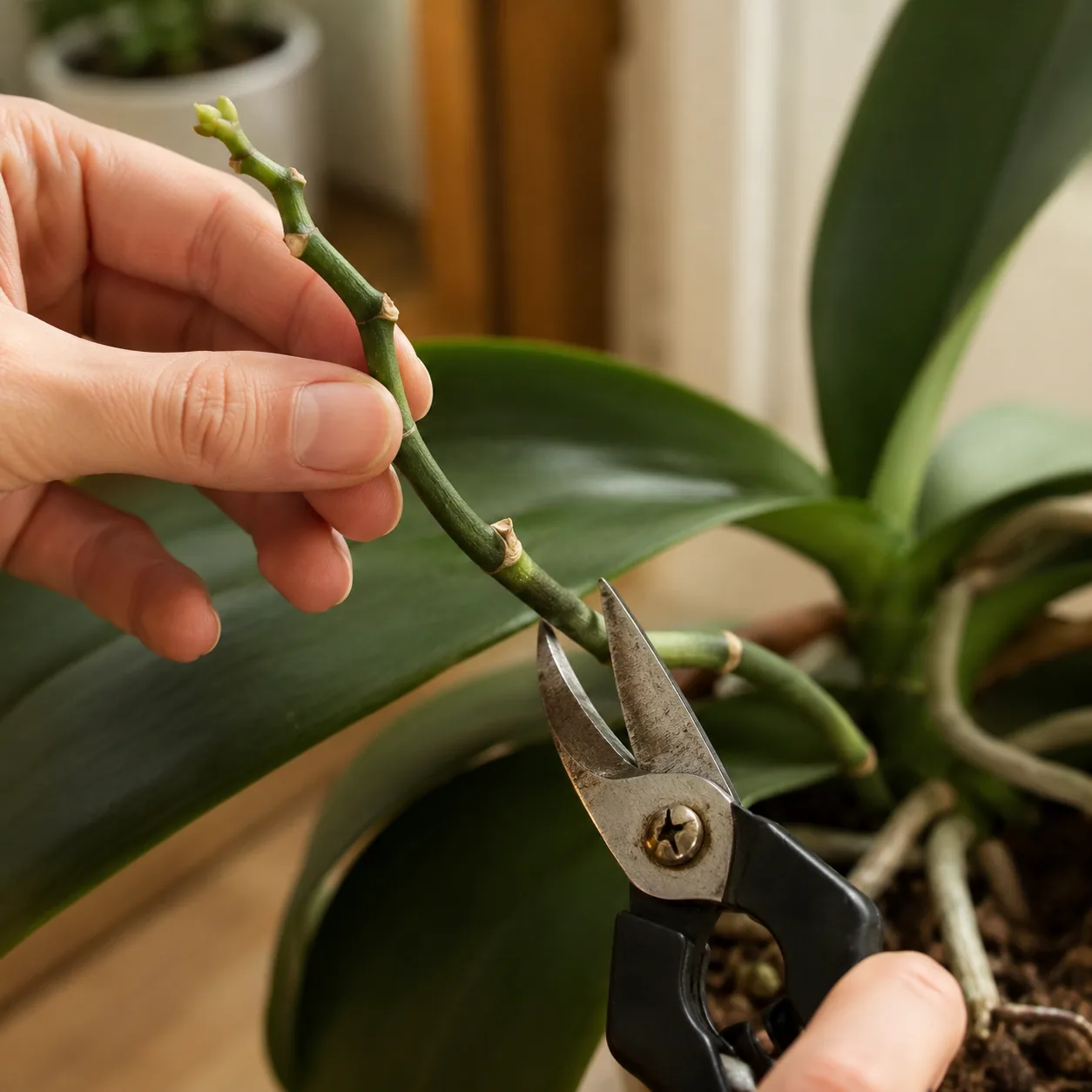 Realistic editorial photo of close up of green orchid flower spike being checked before pruning, warm natural light, pra