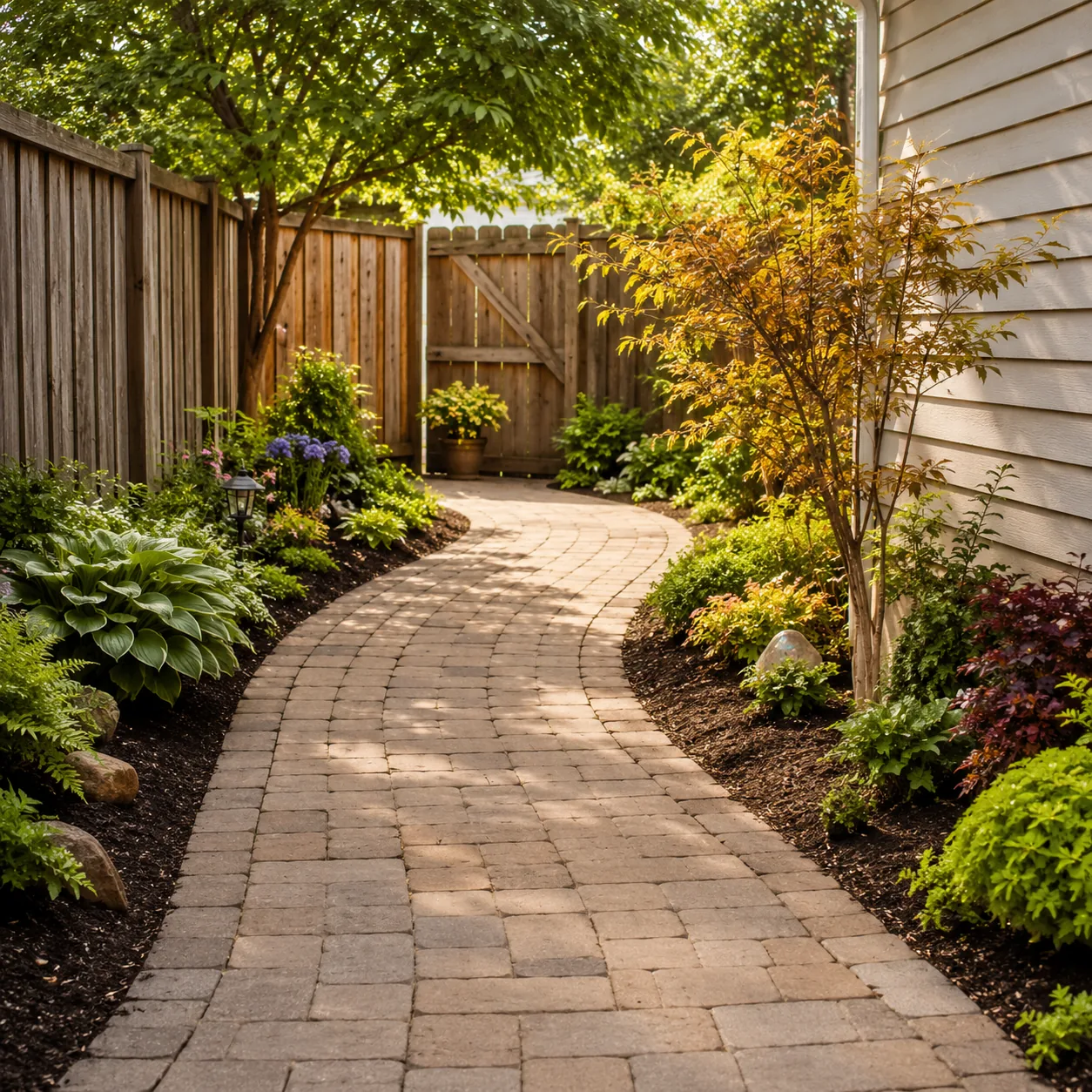 Realistic editorial photo of curve the path slightly in small fenced backyard, realistic editorial photo, natural light,