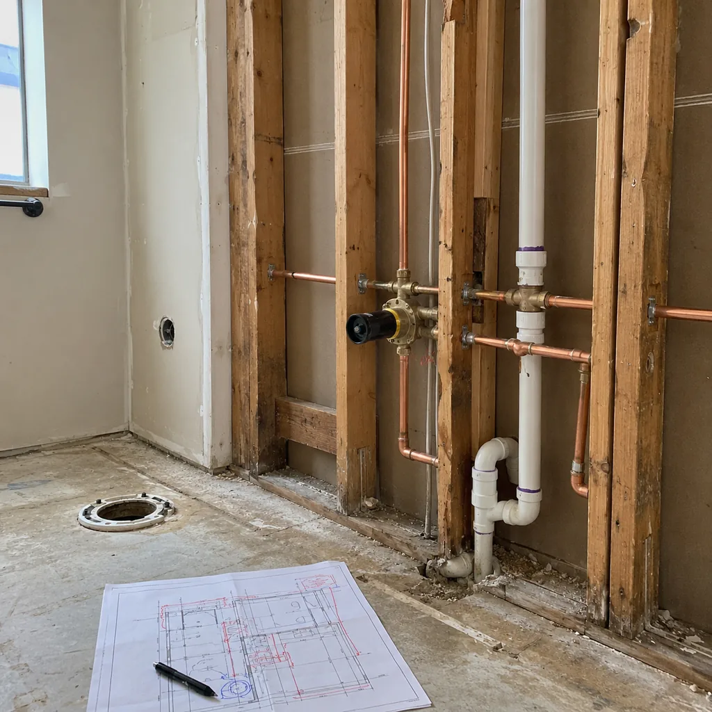 Realistic editorial photo of exposed bathroom plumbing during a remodel with pipes, open wall studs, and a marked floor plan nearby