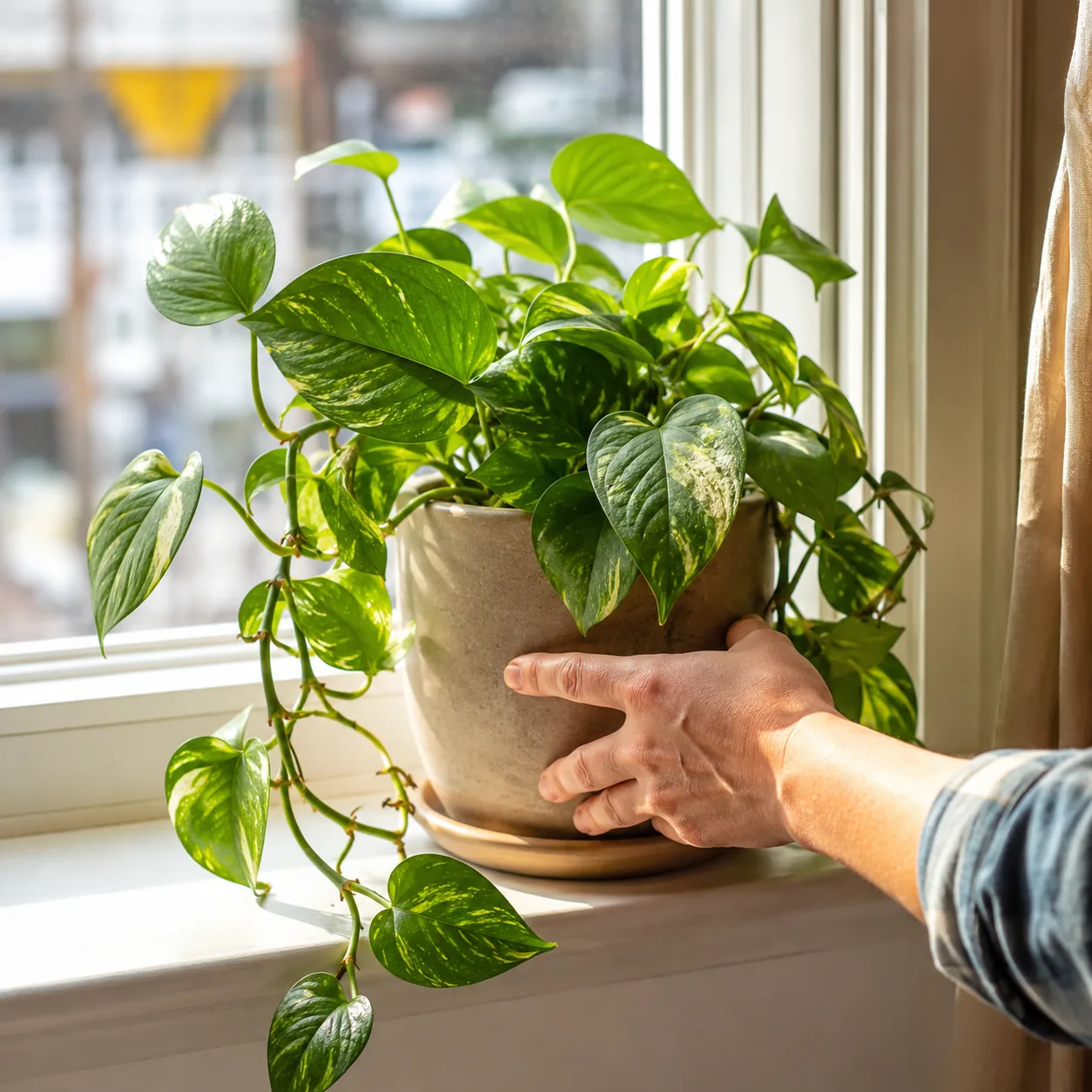 Realistic editorial photo of hand rotating a pothos pot on a windowsill with even vines on all sides, warm natural light