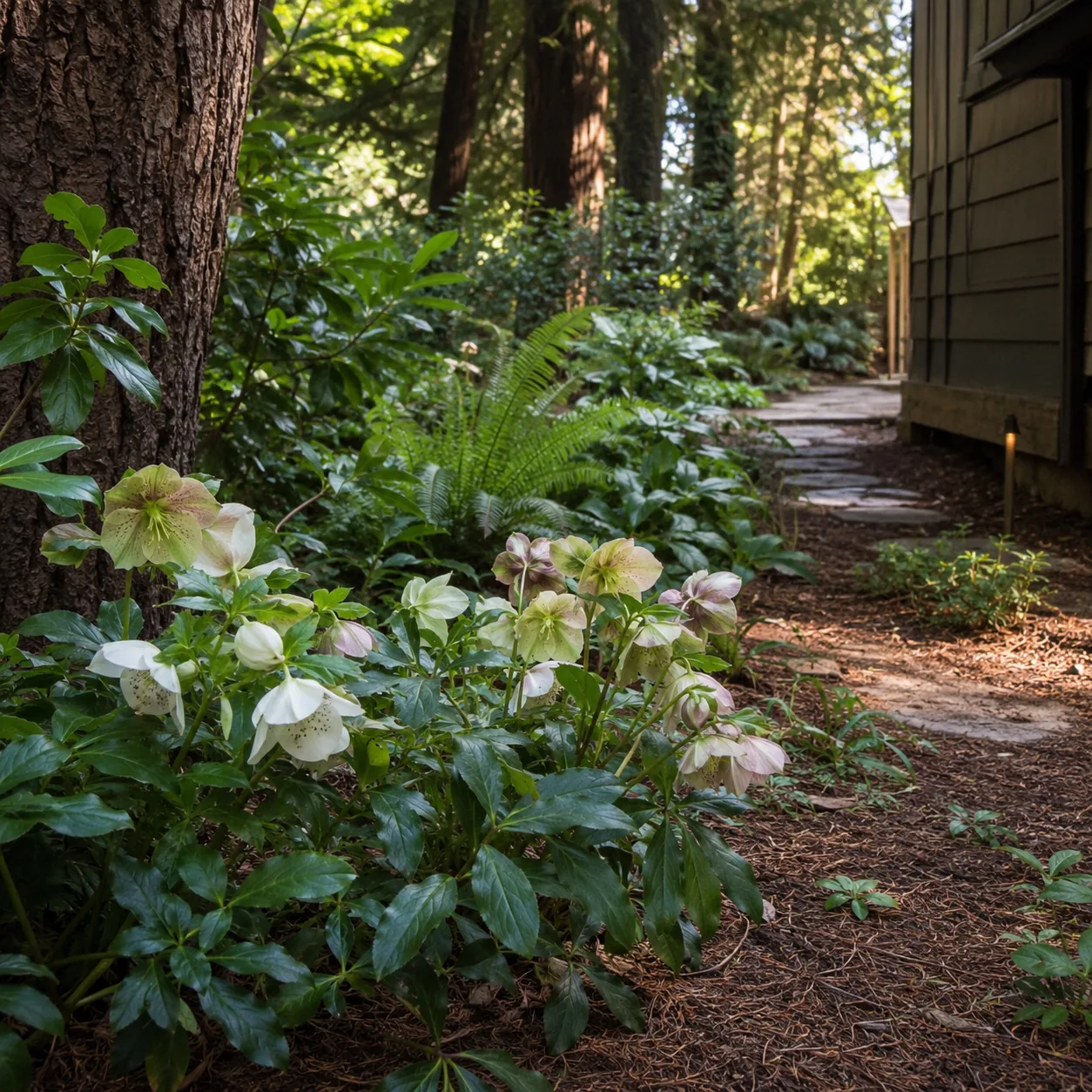 Realistic editorial photo of Hellebore growing in dry shady side yard under mature trees planted with shade tolerant pla