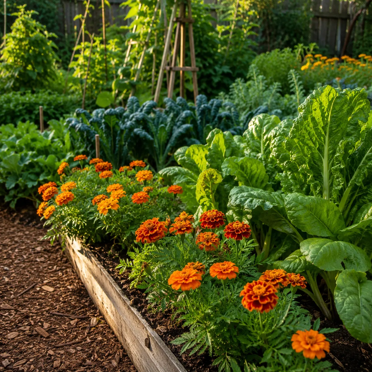 Realistic editorial photo of Marigolds around vegetable beds growing in a practical edible and flower garden, realistic 