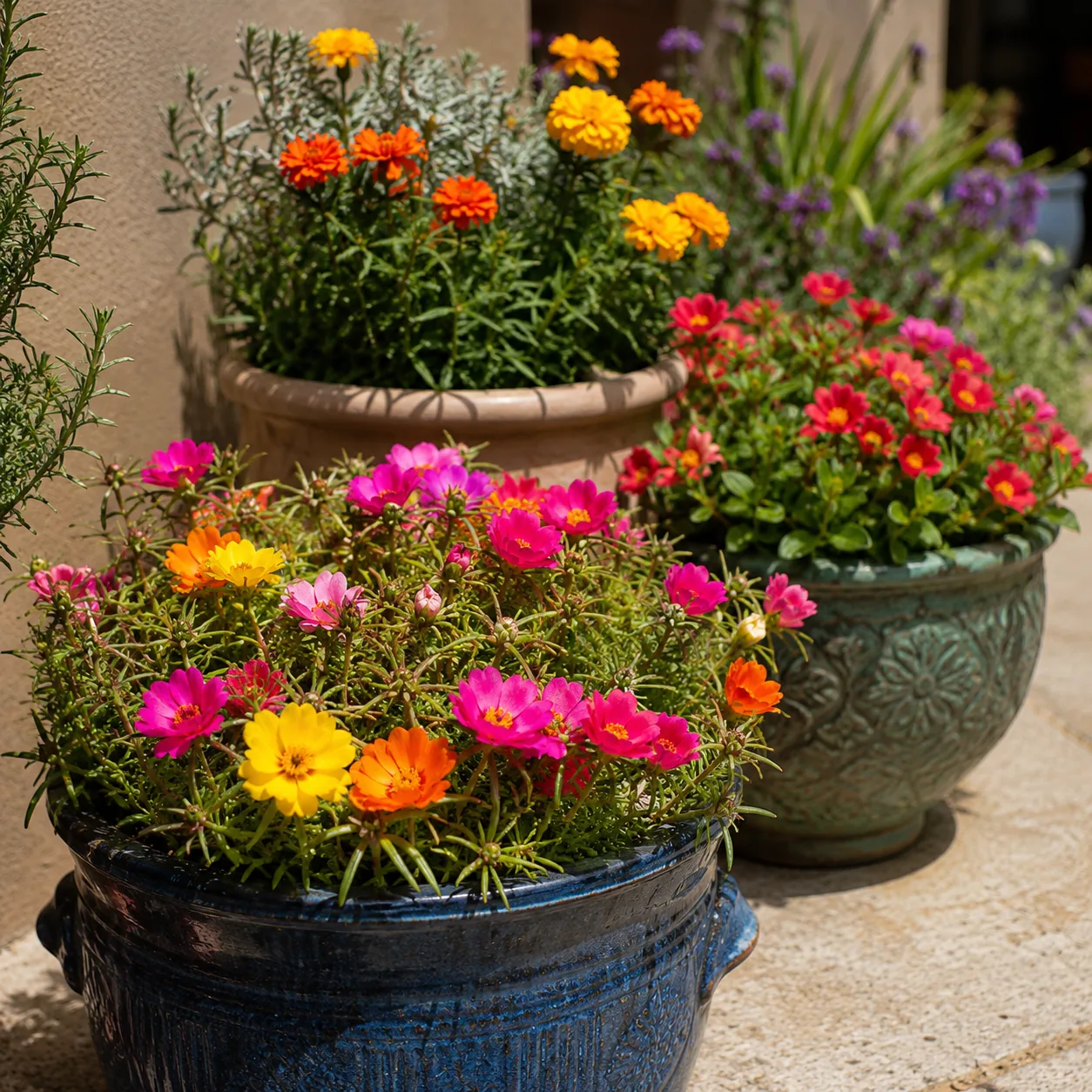 Realistic editorial photo of Portulaca growing in sunny patio containers with heat tolerant flowering plants, realistic 
