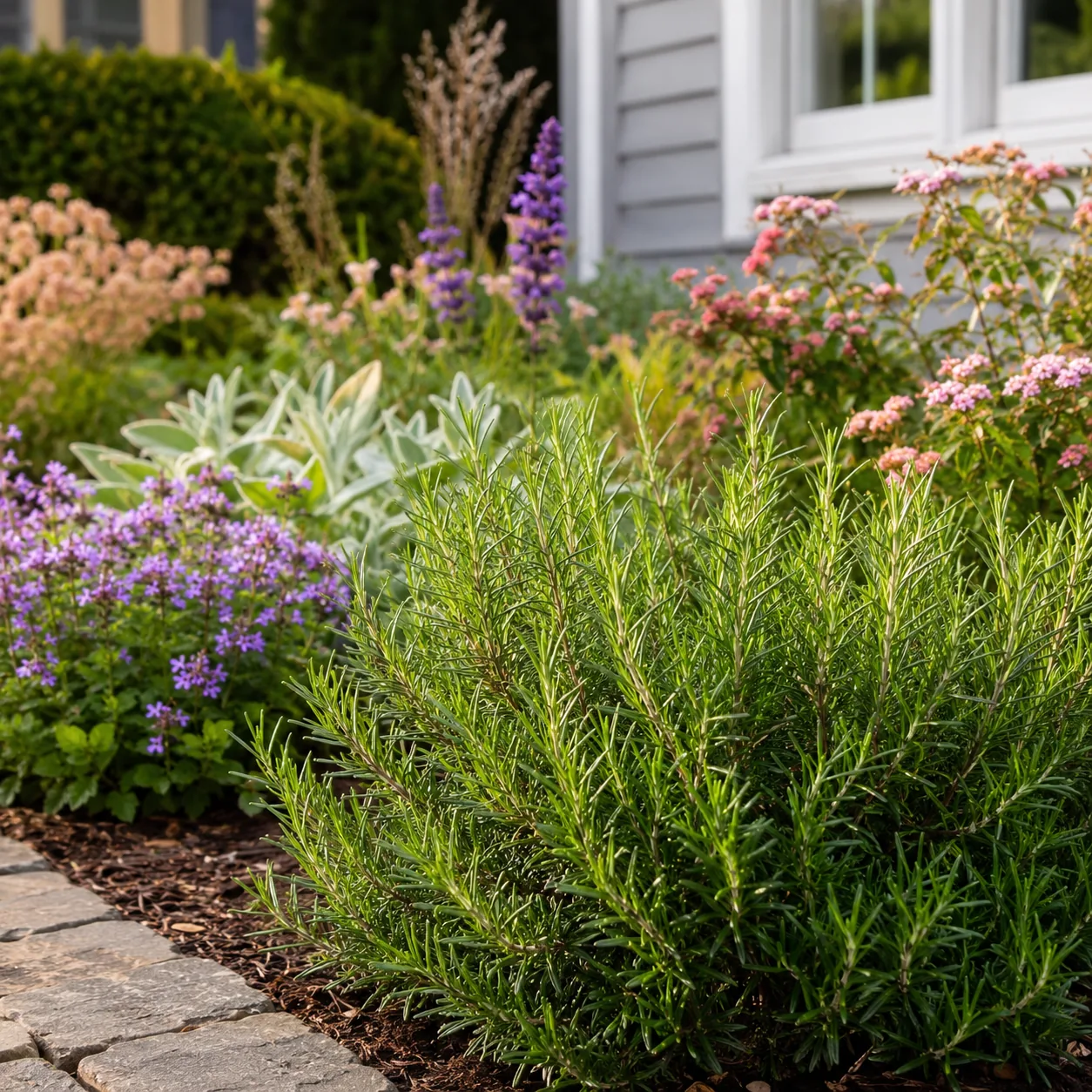 Realistic editorial photo of Rosemary growing in front yard border with deer resistant flowering plants, realistic edito