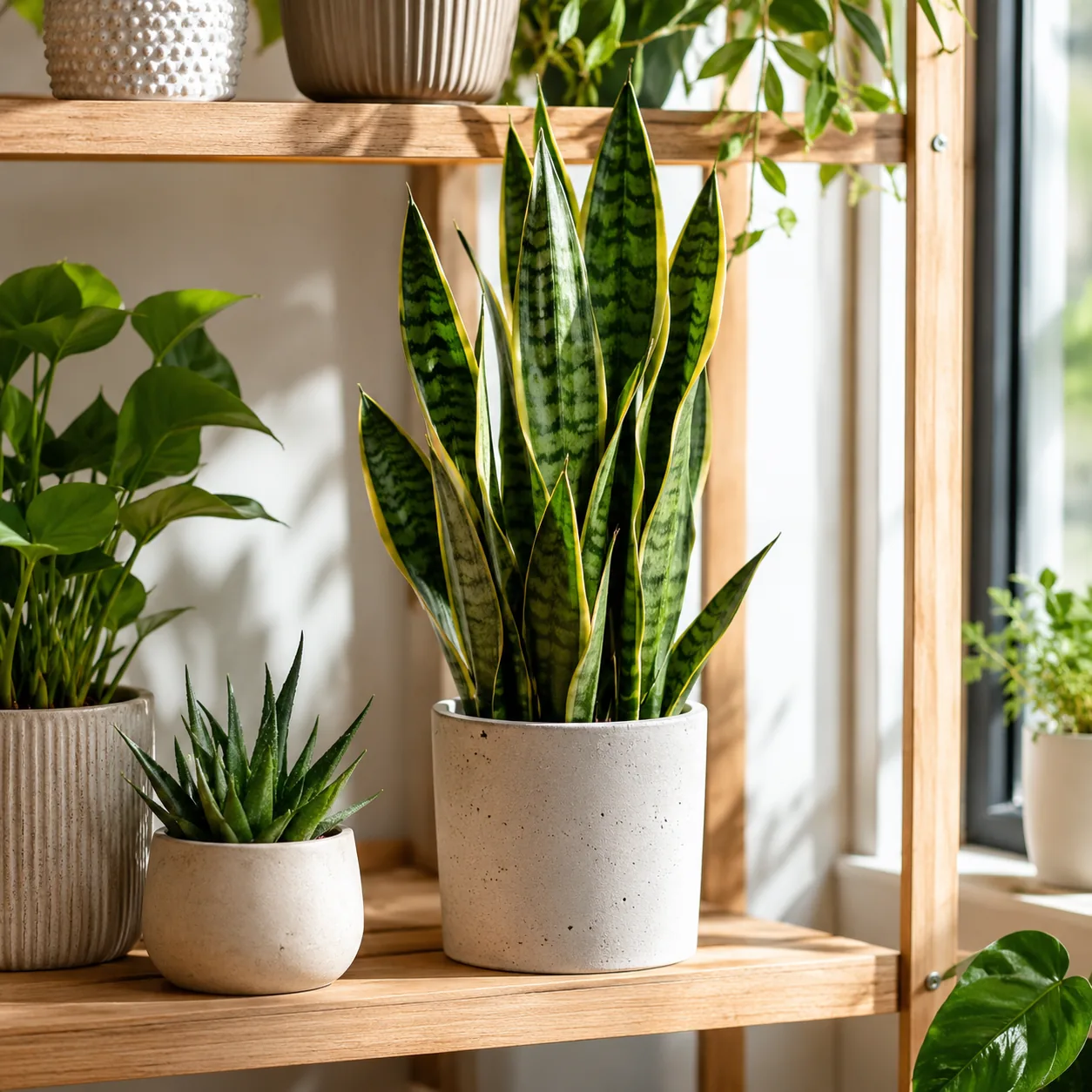 Realistic editorial photo of Snake plant growing in bright indoor shelf with low maintenance houseplants, realistic edit