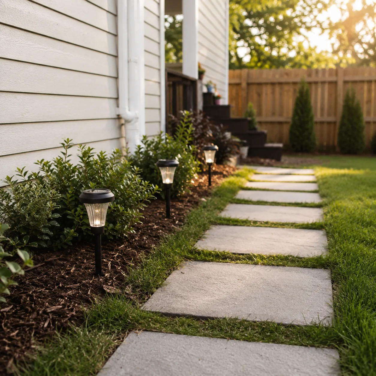 Realistic editorial photo of solar path lights used sparingly in budget backyard weekend upgrade, realistic editorial ph