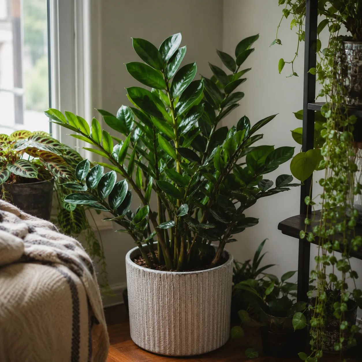 Realistic editorial photo of ZZ plant growing in low light room corner with houseplants near a window, realistic editori