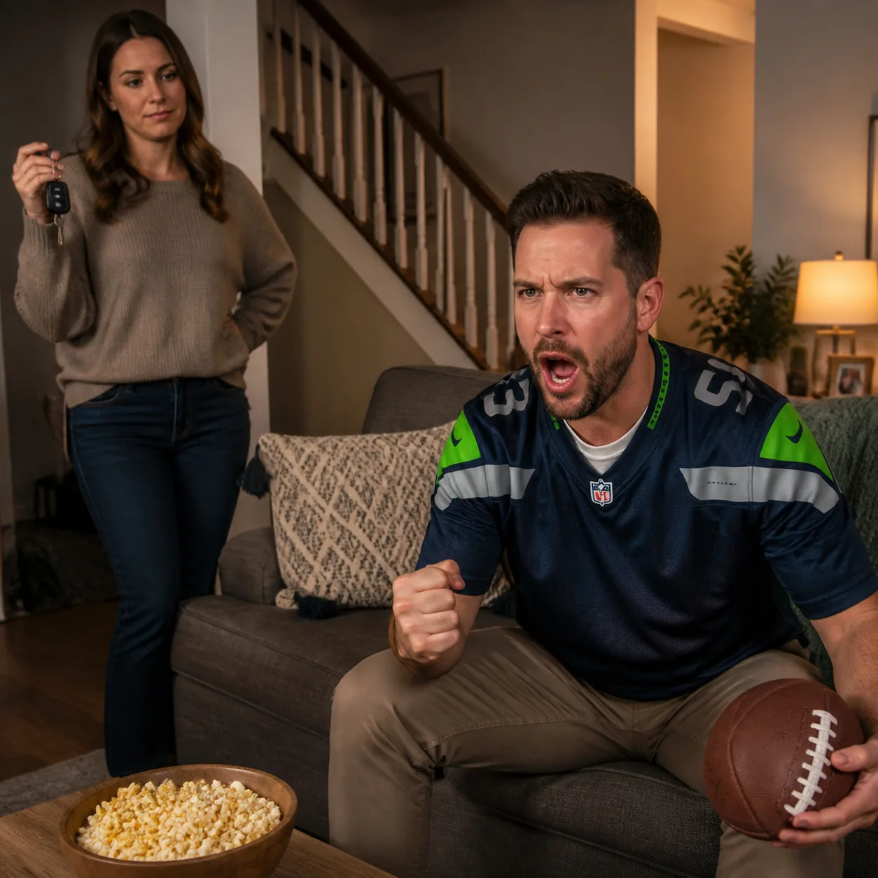 Realistic lifestyle photo of a husband intensely watching a sports game on the couch while his wife stands nearby with c