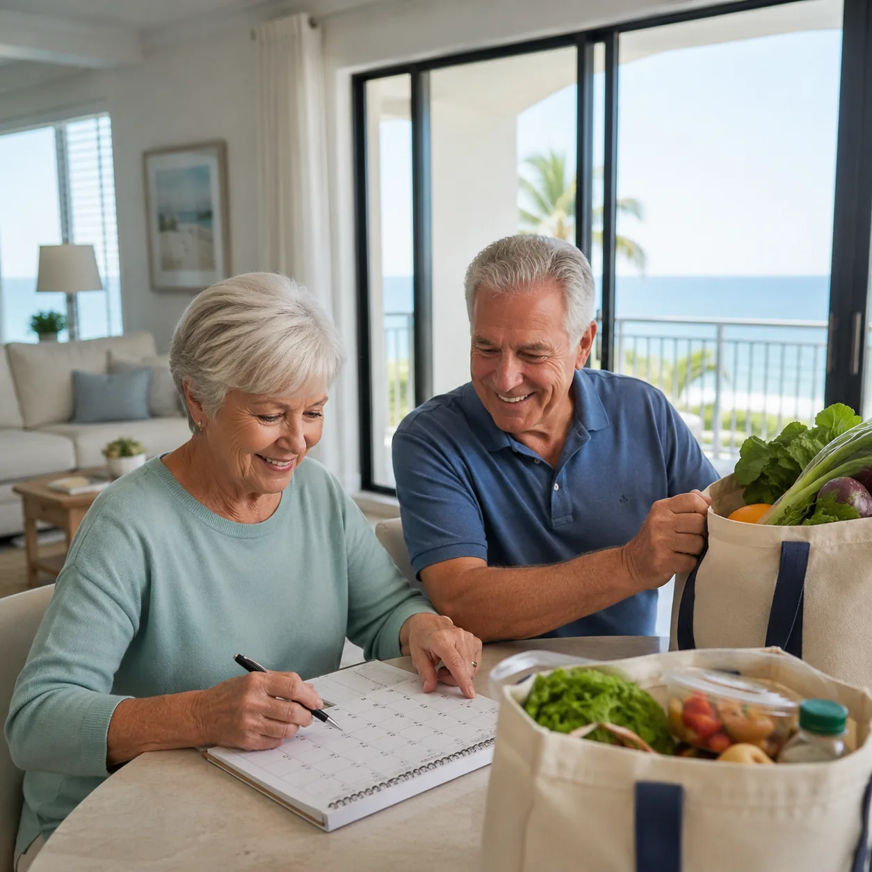 retired couple renting Florida condo for trial month with calendar and grocery bags, realistic editorial lifestyle photo