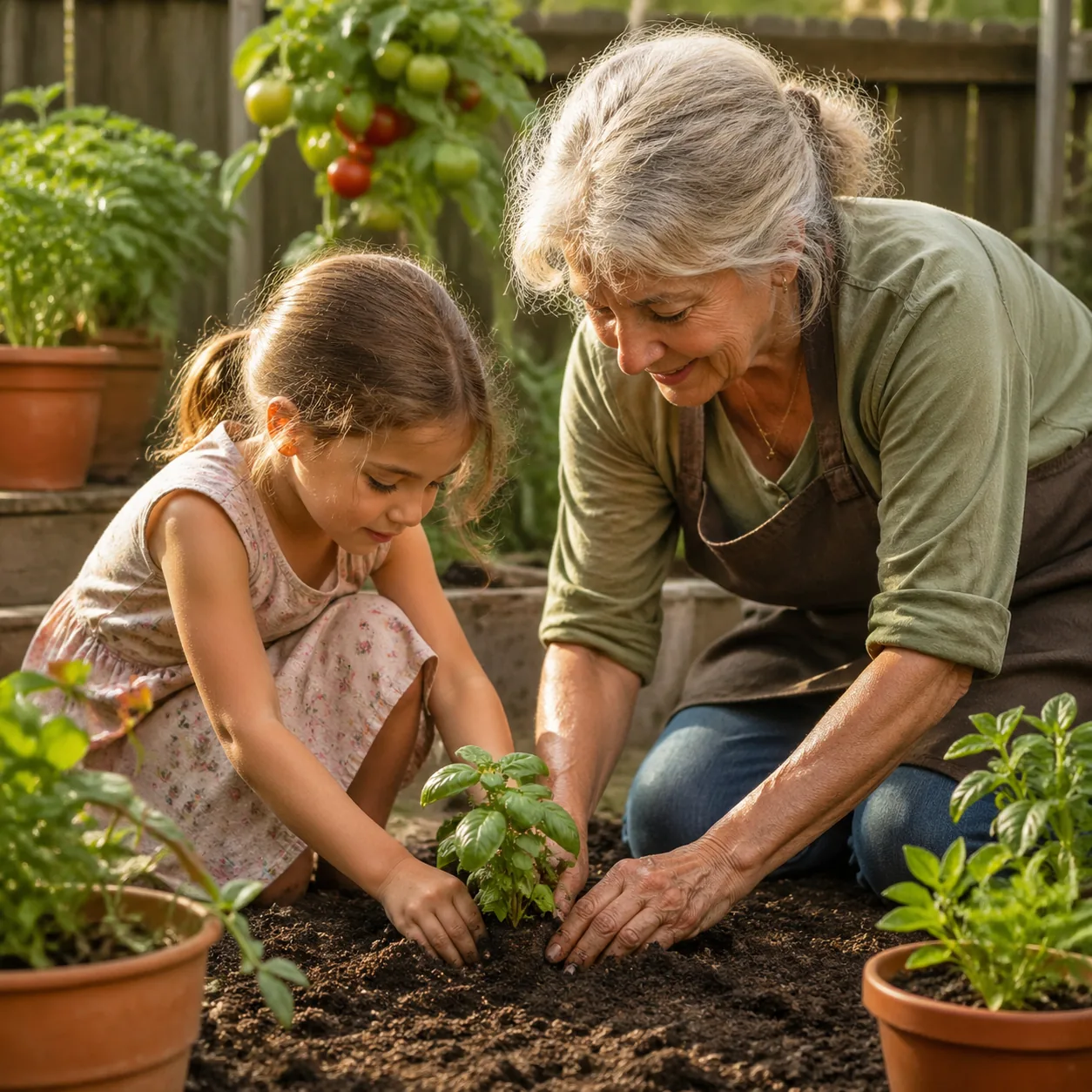 Warm editorial photo of a grandmother and granddaughter kneeling beside a small backyard herb garden, gently pressing so