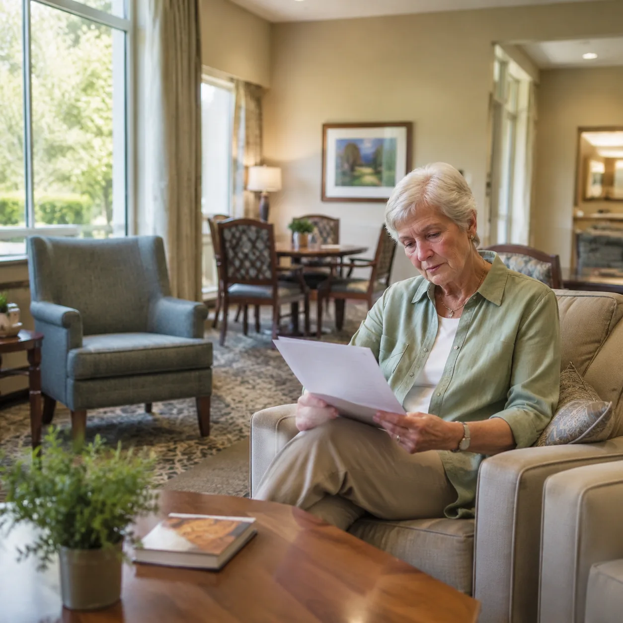 empty assisted living room with family member reading room hold policy, realistic editorial lifestyle photography for Am