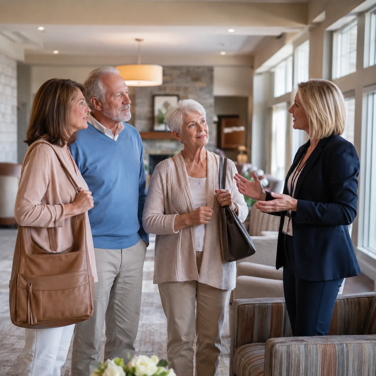 family asking thoughtful questions during assisted living tour with director, realistic editorial lifestyle photography 