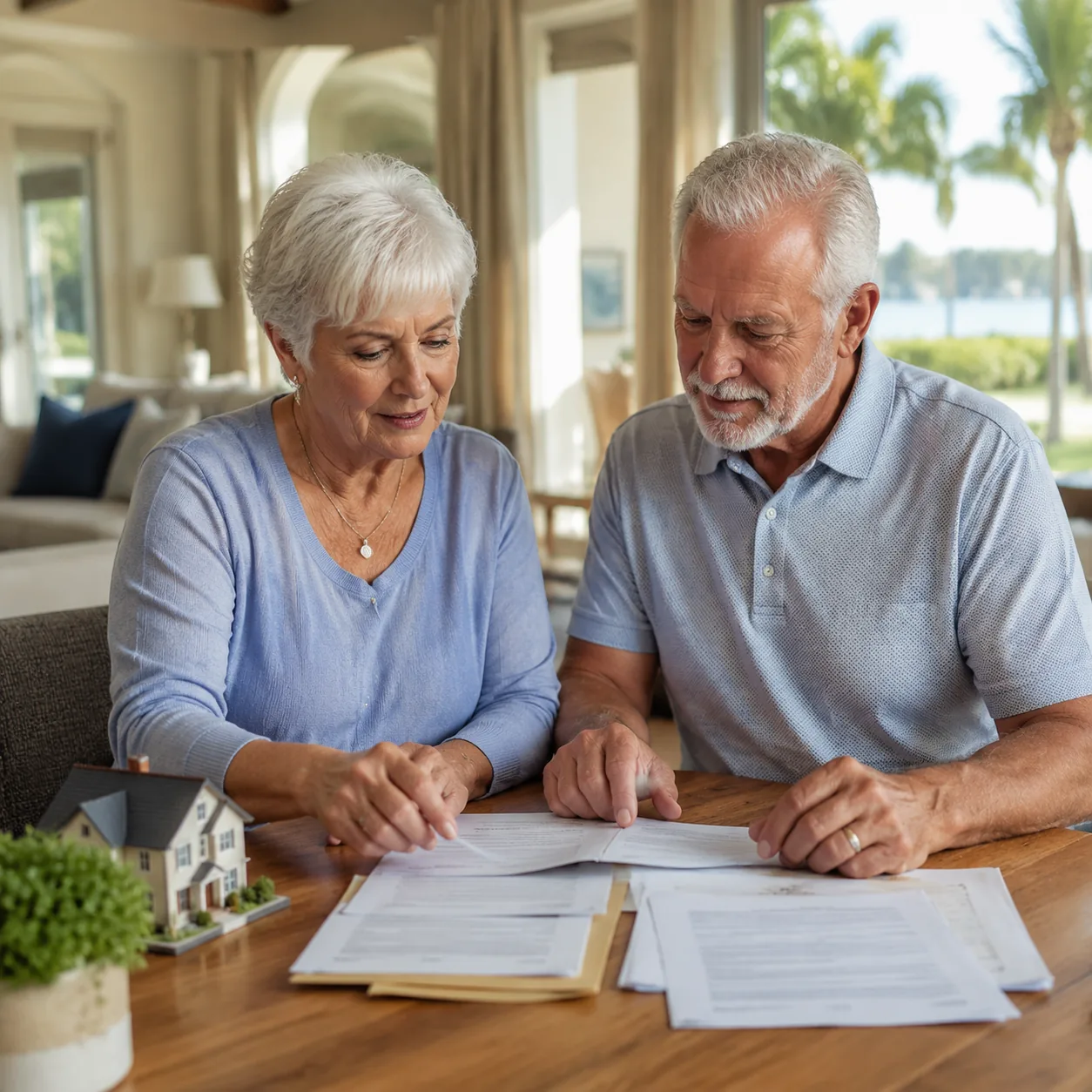 older couple placing for sale documents on table in Florida retirement home, realistic editorial lifestyle photography f