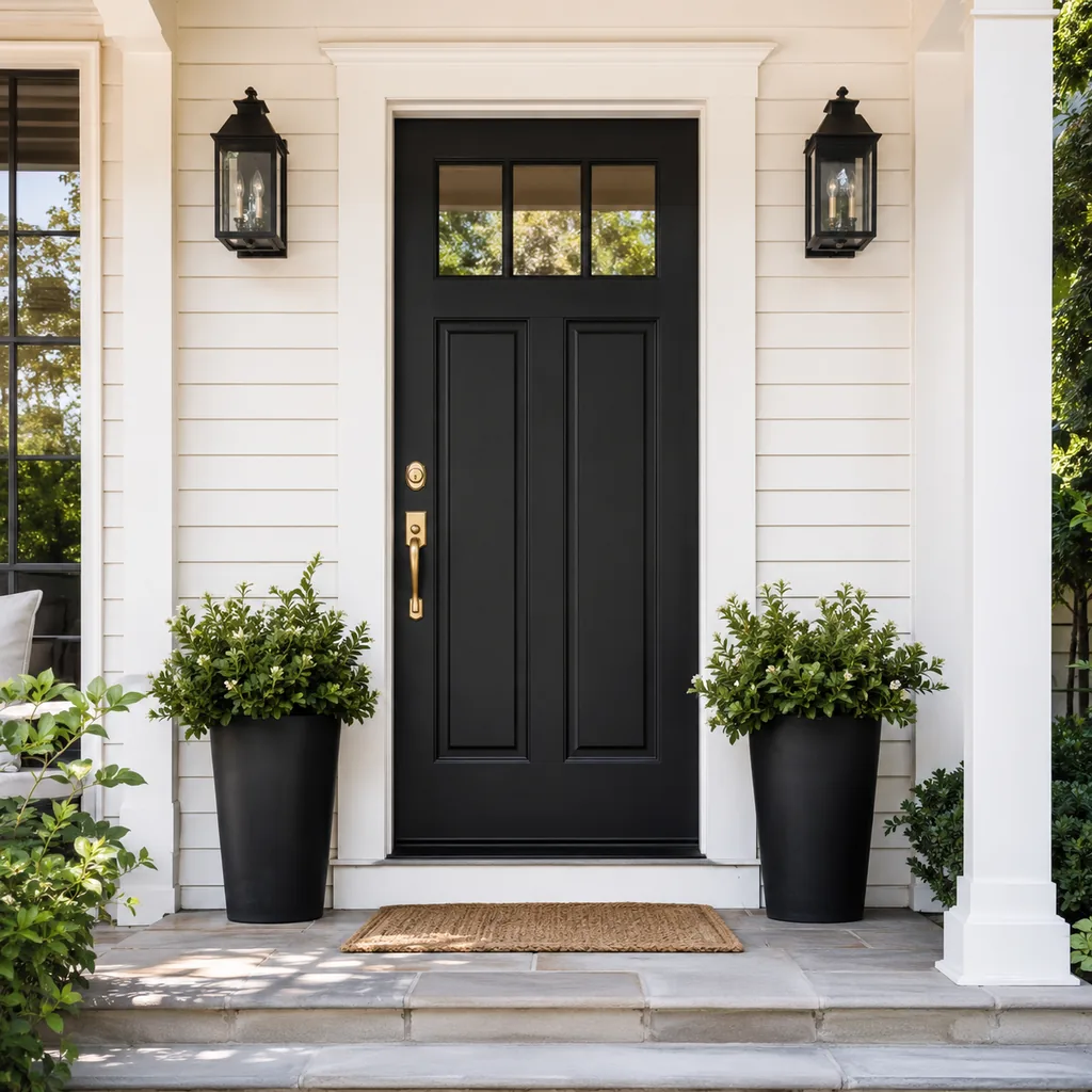 Realistic editorial photo of a black front door on an American home with trim, planters, hardware, and porch details showing plants repeated instead of scattere