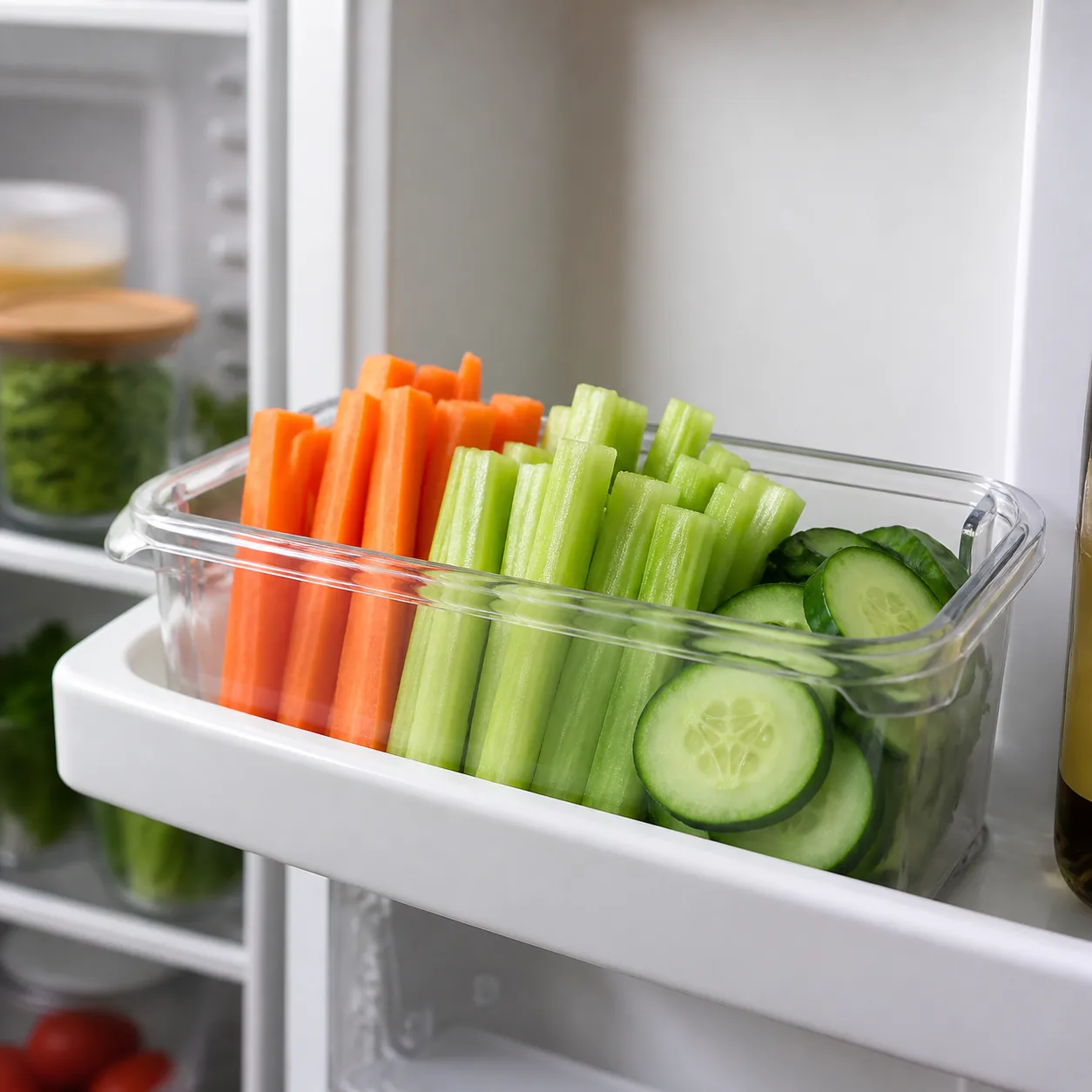 Realistic editorial photo of a clear container of cut carrots, celery sticks, and cucumber slices sitting in a refrigera