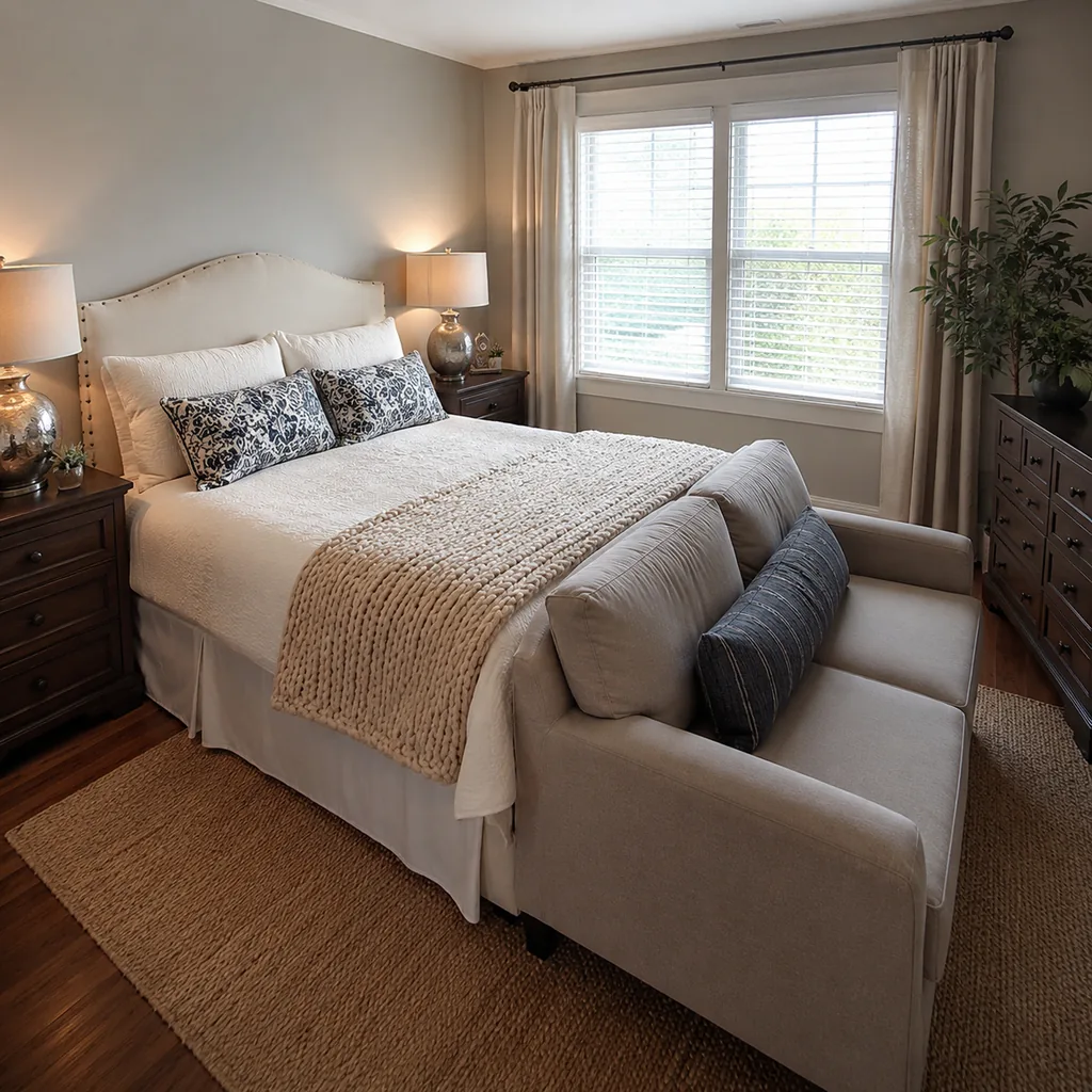 Realistic editorial photo of a compact American bedroom with bed, nightstands, window, dresser, and tight walkways showing sofa depth that fits the room