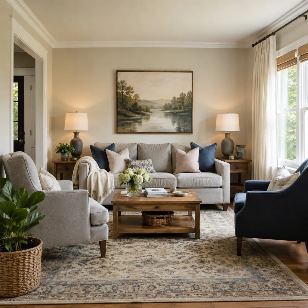 Realistic editorial photo of a compact living room with sofa, chairs, rug, coffee table, and window light showing focal point you can identify quickly