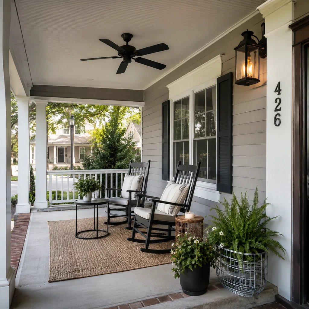 Realistic editorial photo of a covered porch with chairs, ceiling fan, plants, side tables, rug, and outdoor living details showing house numbers visible from t