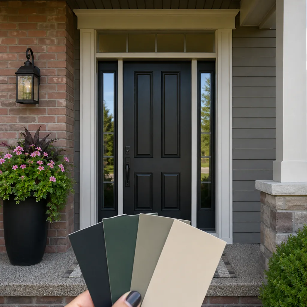 Realistic editorial photo of a front entry with door paint samples, brick, siding, plants, and trim showing paint samples viewed only in store light
