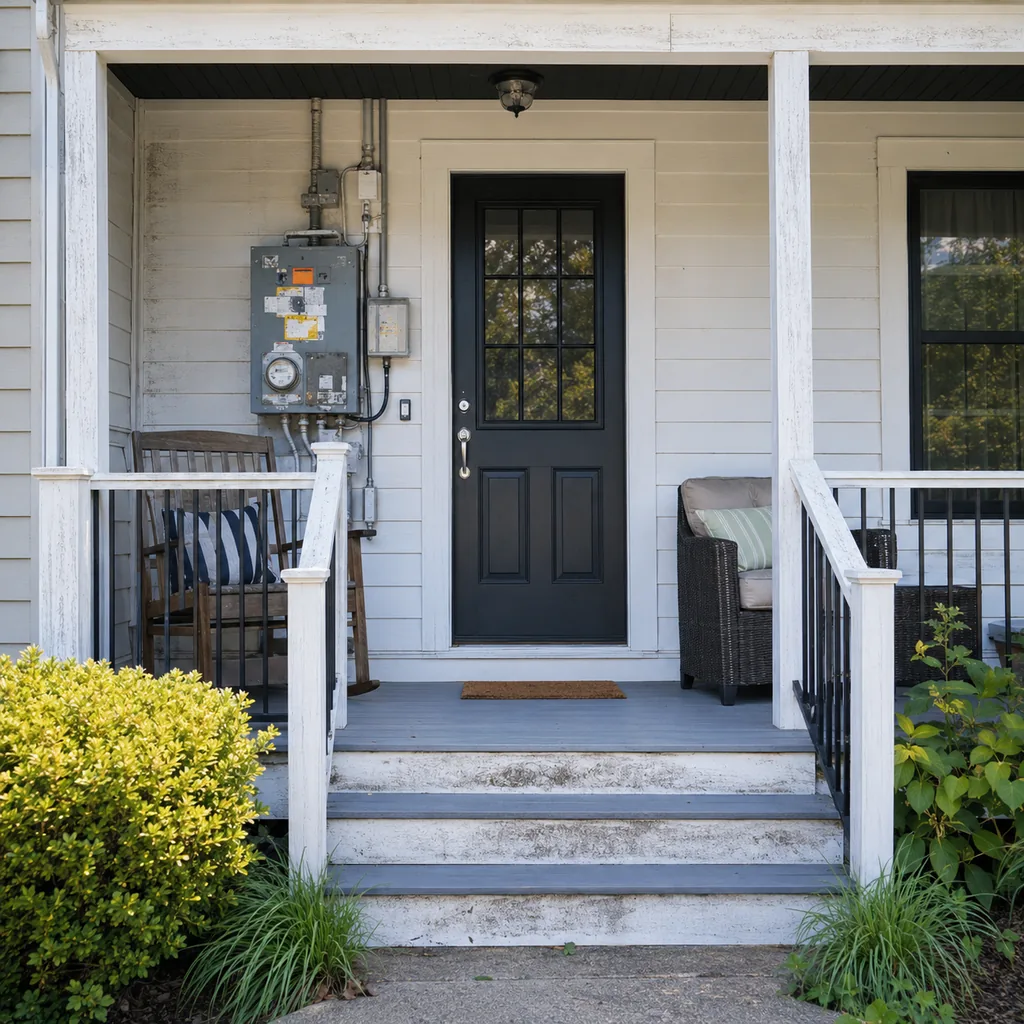 Realistic editorial photo of a front porch prepared for a home showing with steps, door, railings, seating, and curb appeal issues showing service panel with me