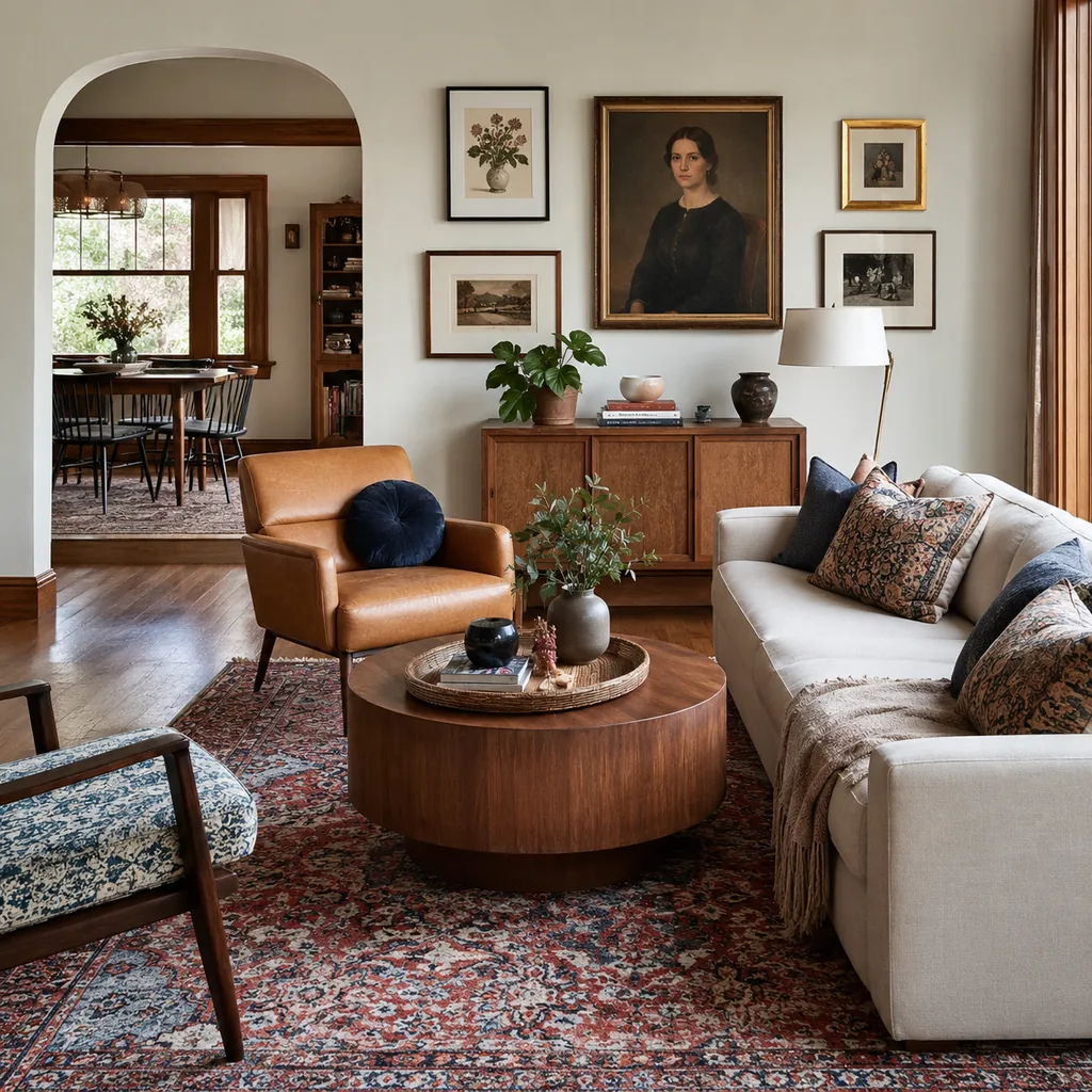 Realistic editorial photo of a home interior with vintage decor, modern furniture, warm wood, patterned accents, and layered lighting showing vintage art mixed