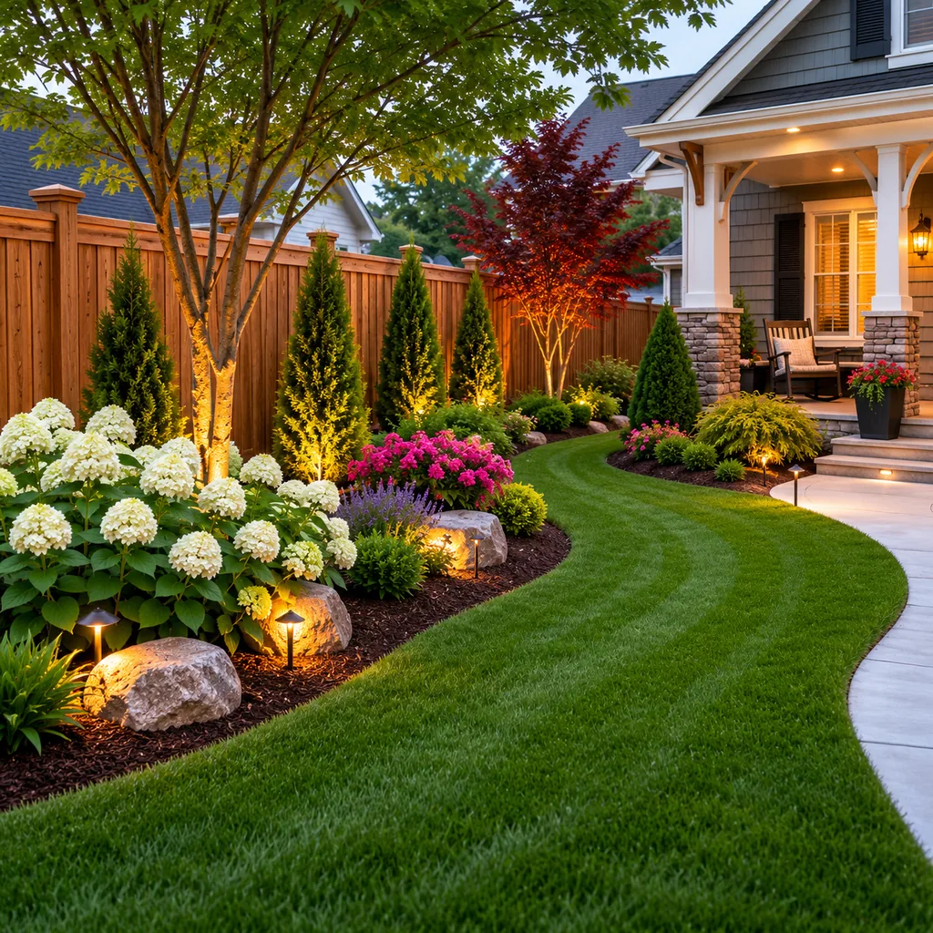 Realistic editorial photo of a landscaped American front yard with lawn, shrubs, mulch beds, trees, walkway, and house exterior showing fence line ignored in th