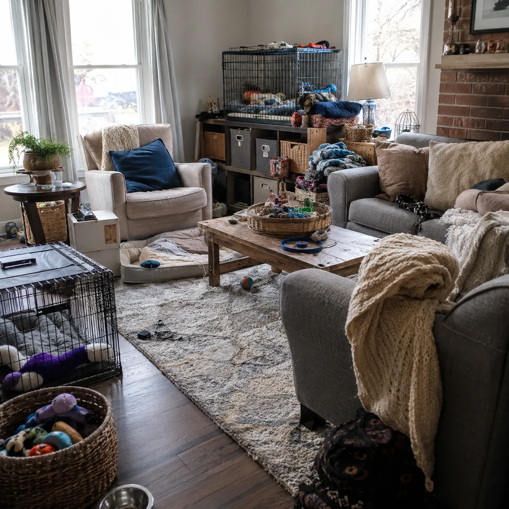 Realistic editorial photo of a living room with crowded surfaces, extra chairs, baskets, blankets, cords, and storage furniture showing pet supplies without one