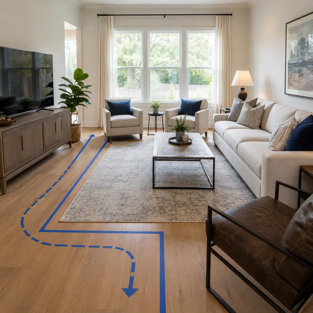 Realistic editorial photo of a living room with sofa, chairs, rug, TV, windows, and taped layout marks showing traffic path that does not cut through seating