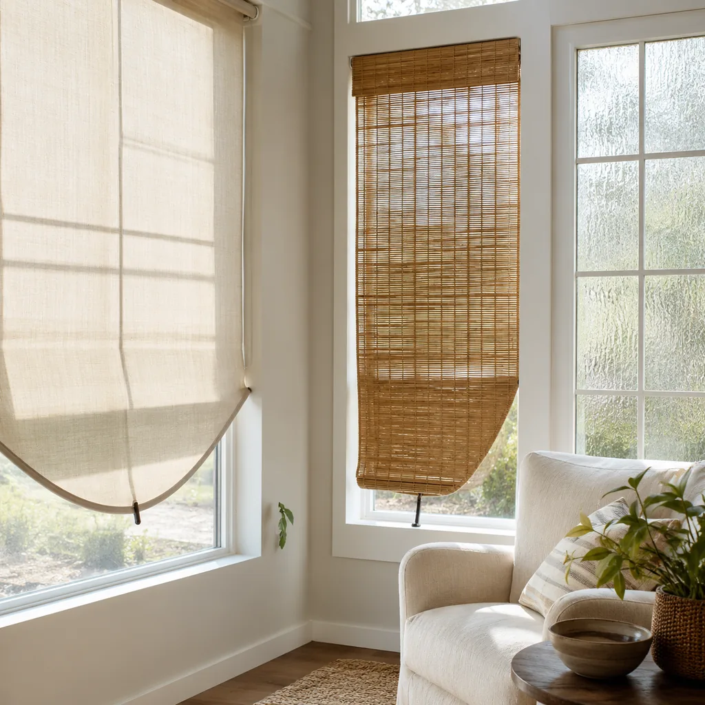 Realistic editorial photo of a room with windows, shades, shutters, woven panels, privacy film, and soft natural light showing hardware that bends under the fab
