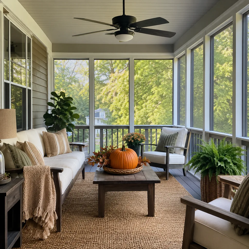 Realistic editorial photo of a screened porch with sofa, chairs, rug, plants, ceiling fan, screens, and soft daylight showing seasonal decor kept to one focal p