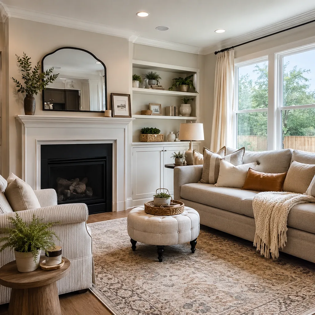 Realistic editorial photo of a staged American living room with sofa, rug, windows, lighting, and buyer-facing details showing small ottoman instead of a bulky 