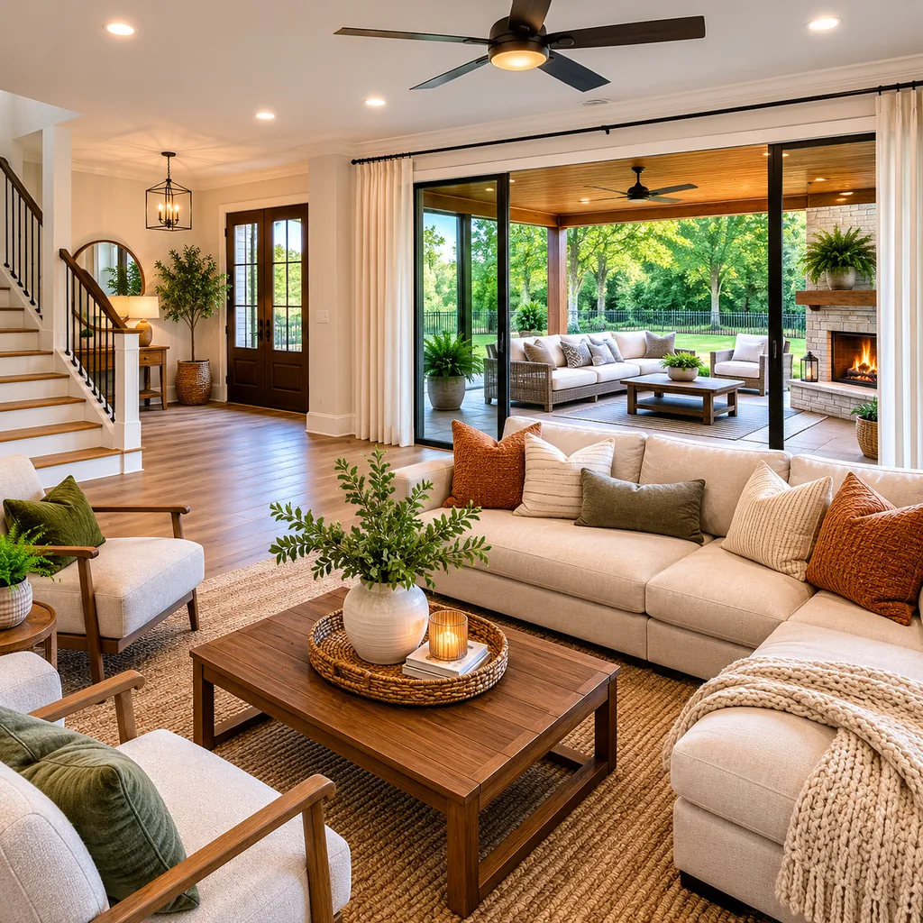 Realistic editorial photo of a staged home interior with living room, entry, lighting, furniture placement, and listing-photo details showing patio that looks t