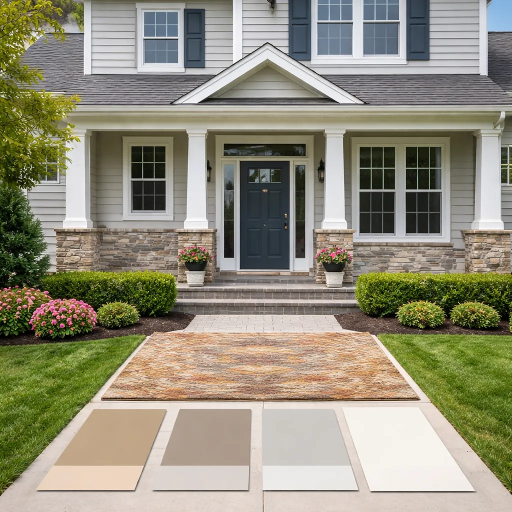 Realistic editorial photo of a suburban home exterior with siding, trim, roof, front door, lawn, and paint swatches showing rug introducing the wrong undertone