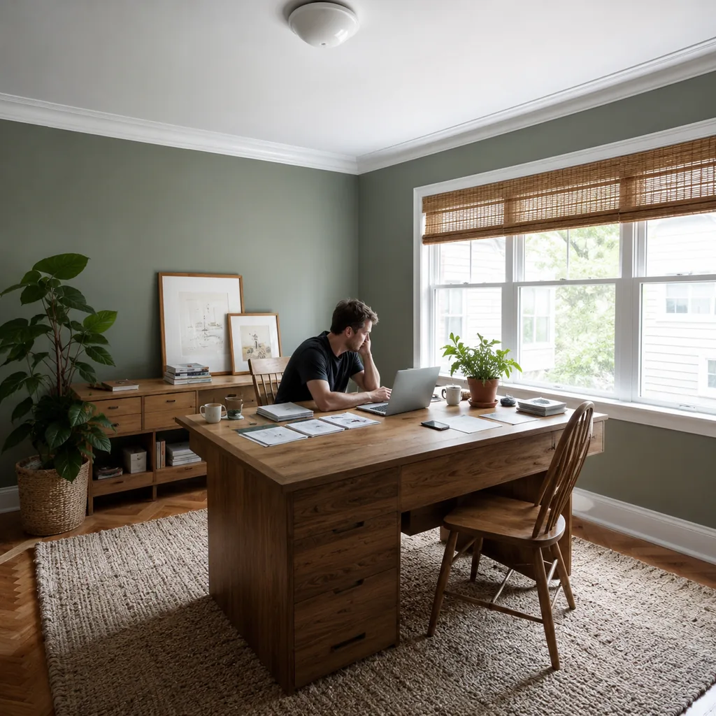 Realistic editorial photo of an American home office showing skipping task lighting