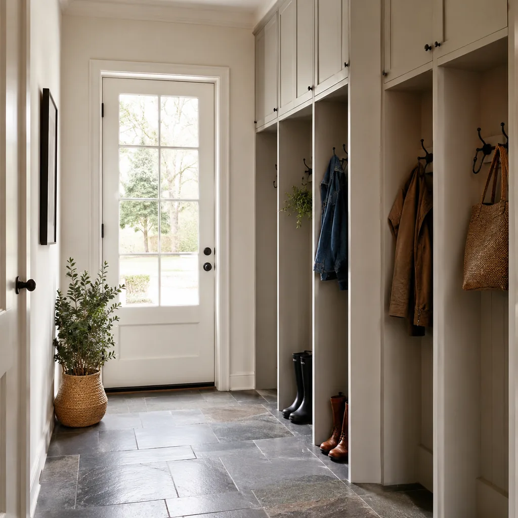 Realistic editorial photo of an American mudroom showing skipping a bench