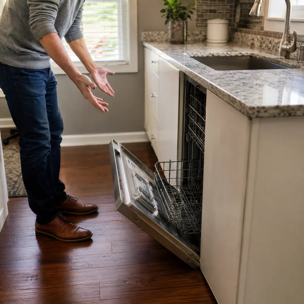 Realistic editorial photo of an American small kitchen showing ignoring dishwasher door clearance