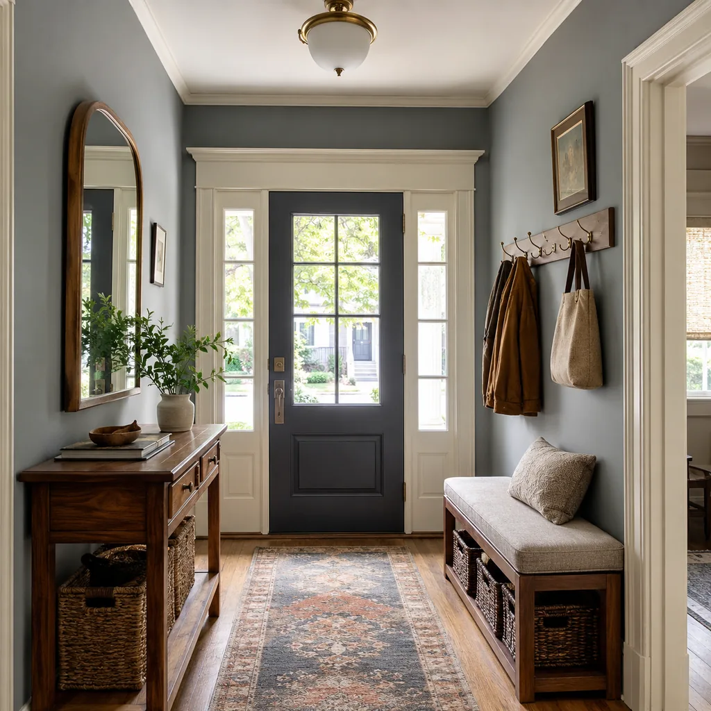 Realistic editorial photo of an entryway with console table, mirror, bench, hooks, rug, lighting, and storage showing wall color that makes older trim work