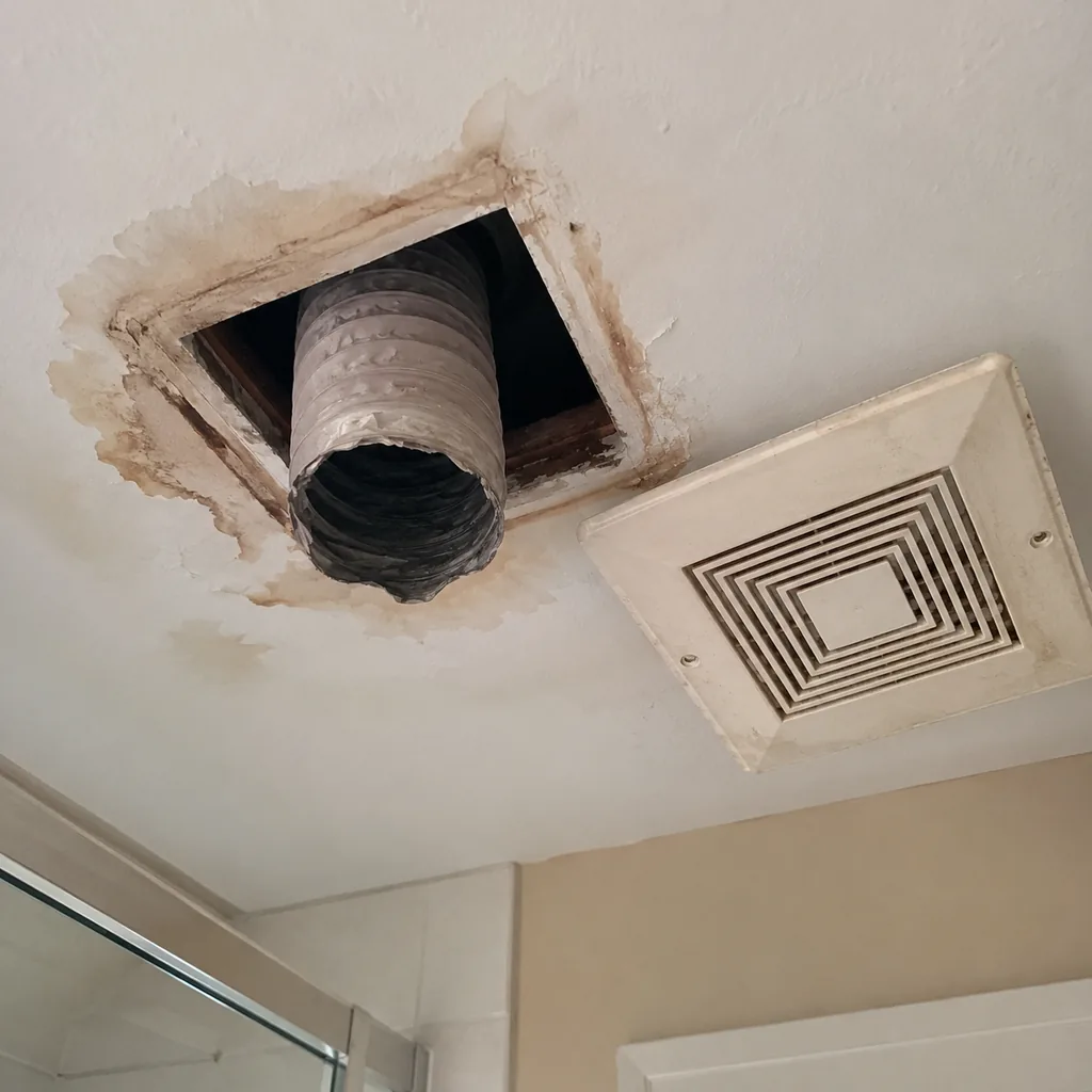 Realistic editorial photo of an older bathroom ceiling fan cover beside an open attic vent hose and moisture-stained drywall