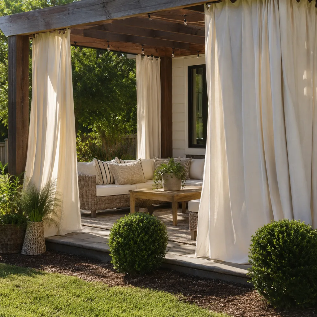 Realistic editorial photo of an outdoor patio with pergola curtains, seating, plants, fabric panels, and sunlight showing patio curtains without wind control